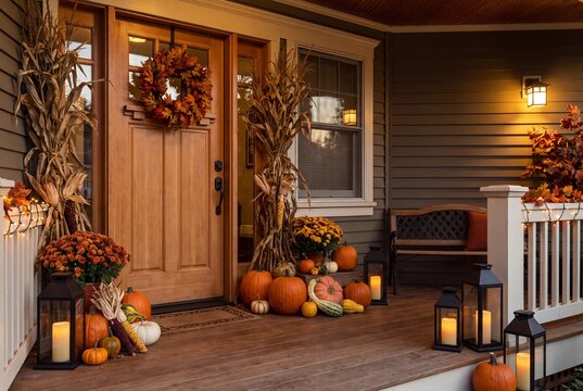 Halloween decorated front porch with pumpkins and autumn harvest decor