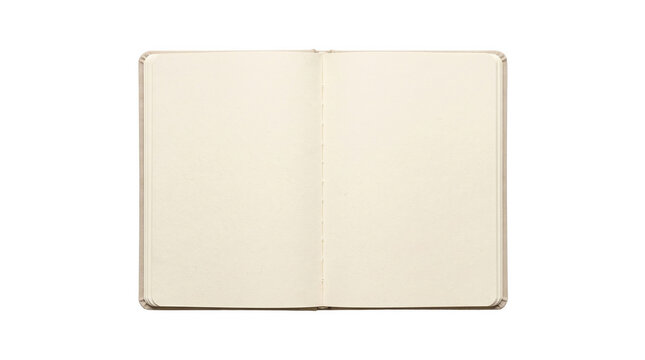 An open blank notebook with cream colored pages displayed as a high quality studio shot of an isolated object on a transparent background isolated on transparent background