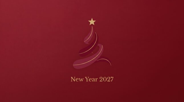 3d Happy new year 2027 abstract design  new 2026 Minimalist new year 2027 tree with star on maroon background illustration