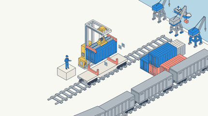 Naklejka premium Minimalist Isometric of Freight Train Loading Containers with Blue and Orange Shipping Containers Cranes and Worker