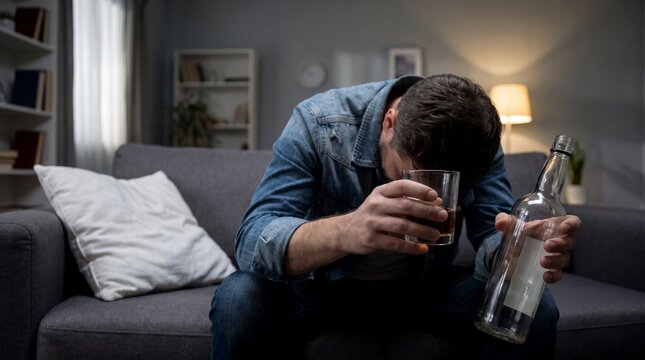 A man sits on a sofa, looking distressed while holding a glass and a bottle of alcohol, indicating a struggle with addiction or sadness.
