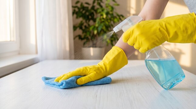 Person in yellow gloves cleaning a white table with a blue cloth and spray bottle, showing a common household chore.