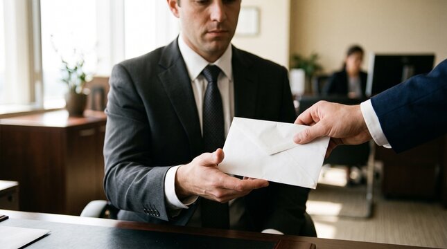 A man in a suit receives a white envelope from another person's hand in a professional office setting.