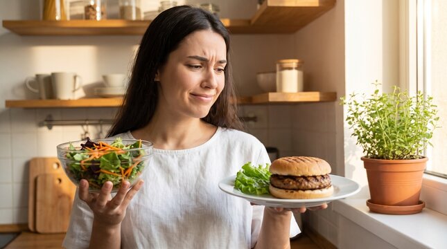 A woman in a kitchen looks conflicted while holding a healthy salad and an unhealthy burger, contemplating her food choices.