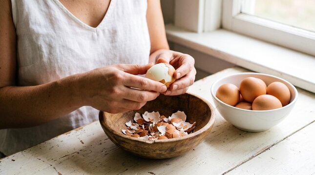 Woman peeling a hard-boiled egg into a wooden bowl with eggshells, next to a bowl of brown eggs on a rustic table.