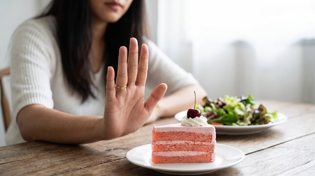 Woman refusing a slice of pink cake, choosing a healthy salad instead, indicating a diet or healthy eating decision.