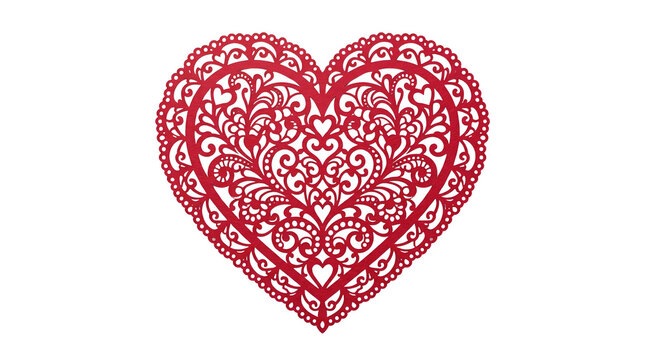 A beautiful red heart shape featuring intricate lace style filigree patterns isolated on a plain white background for romantic holiday greeting card designs