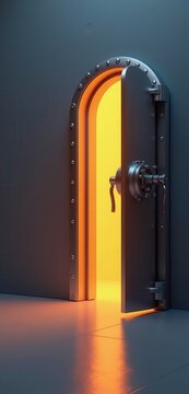 Concept of the year being sealed away safely, an arched steel strongroom doorway standing ajar with golden light inside, for security campaign artwork and finance editorial design