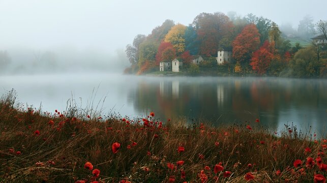 a tranquil lakeside scene during autumn. The main subject is a misty lake surrounded by a dense forest of trees displaying vibrant red, orange, and yellow leaves. In the foreground.