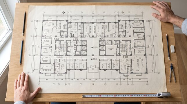 Architect reviewing floor plan blueprint on wooden table with drafting tools during daylight