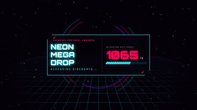 Futuristic cyberpunk hud digital counter with neon mega drop text and data depleted alert on dark space background