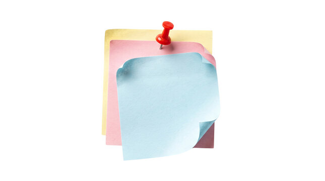 A stack of colorful blank paper notes pinned together with a red push pin for important office reminders isolated on transparent background