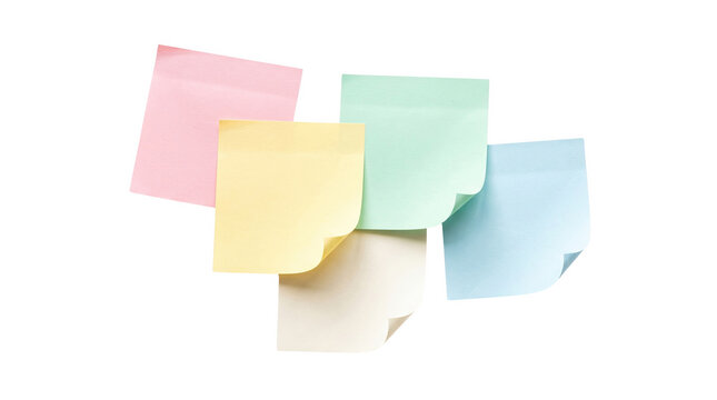 A collection of colorful sticky notes arranged in a group for office organization and reminders presented as an isolated object on transparent background isolated on transparent background