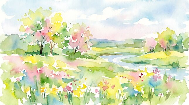 Spring Meadow Landscape Watercolor Painting with Flowers