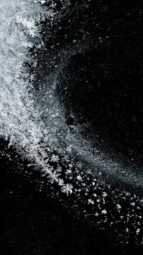 a snowflake, captured in monochromatic shades of white against a deep black background. The snowflake is intricately detailed, showcasing its intricate patterns and textures.