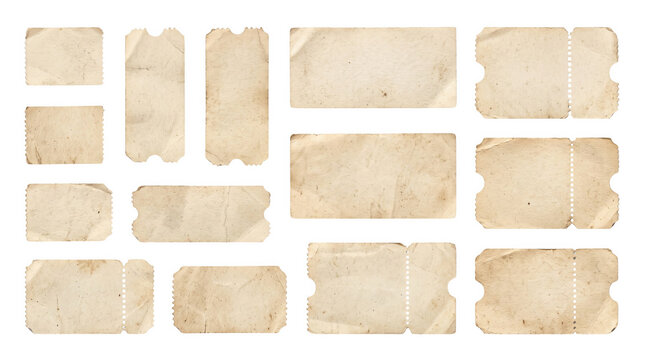 Collection of various vintage paper tickets and blank rectangular tags with perforated edges and aged texture displayed as an isolated on transparent background