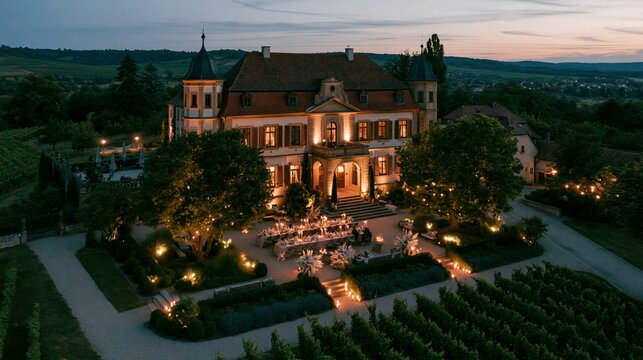 a grand, multistory mansion with a classical architectural style. The mansion has a redtiled roof, large windows, and a balcony. It is surrounded by lush greenery, including trees and shrubs.