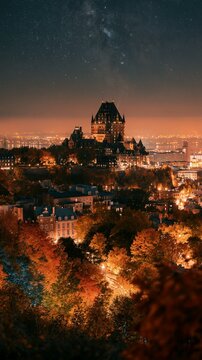 a majestic castle perched atop a hill. The sky is filled with stars, and the city below is bathed in warm, golden light from the setting sun.