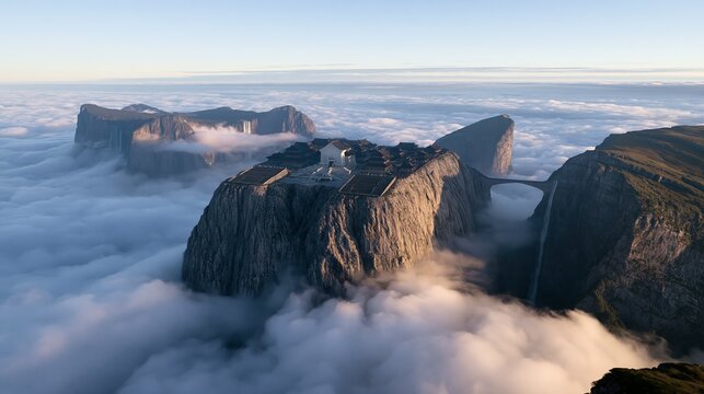 a serene landscape. The main subject is a rugged, jagged cliff with a complex, multitiered structure, likely a temple or monastery. The structure is surrounded by dense, white clouds.
