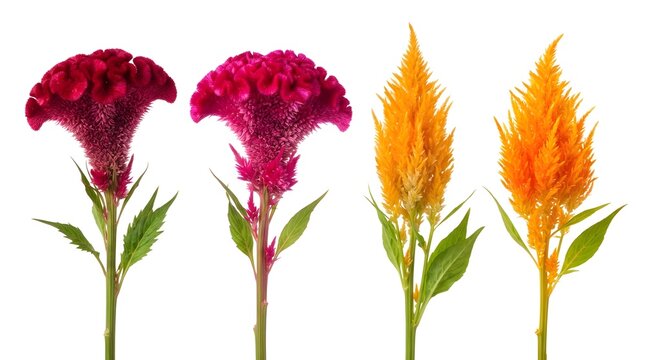  Red Celosia and Golden Foxtail Ornamental Flowers with Green Leaves Isolated on White