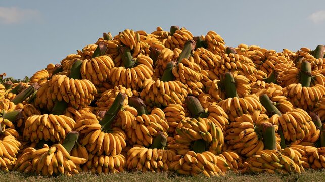 a large pile of ripe, yellow bananas. The bananas are tightly packed together, forming a dense, unripe structure. The texture of the bananas is rough and bumpy.