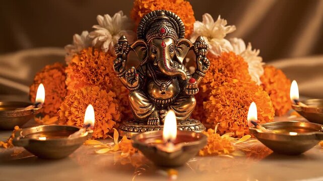 Lord Ganesha Idol with Glowing Diyas and Marigold Flowers. 4K Video