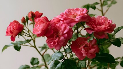 Fototapeta premium A cluster of vibrant pink roses with lush green leaves against a soft neutral background showcasing natural beauty and delicate petal layers