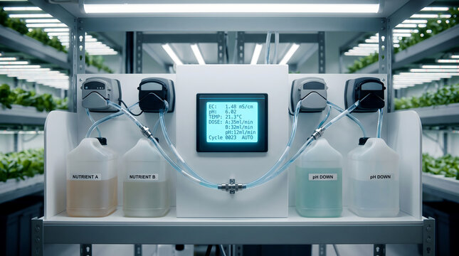 Advanced hydroponic nutrient delivery system monitors and dispenses vital solutions for vertical farm crops.