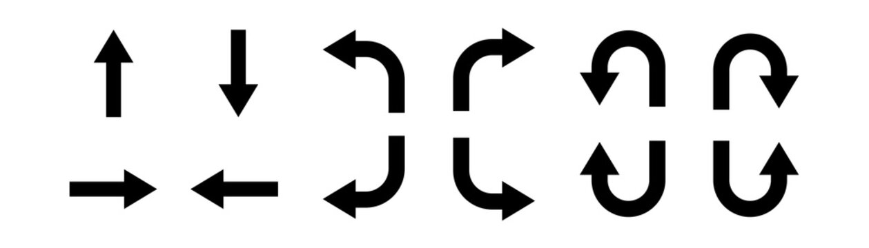 Direction icon set. U turn arrow icon set. Go straight, this way, one way only U turn, left and right arrow icons. Vector illustration.