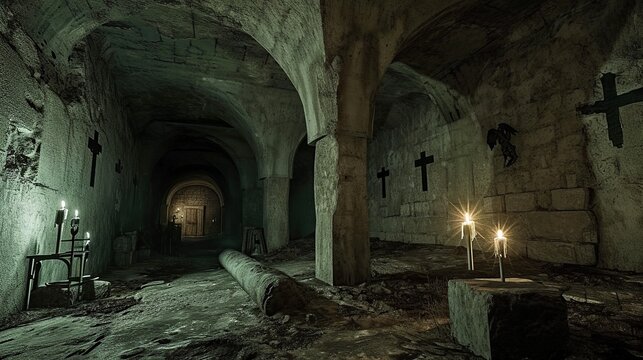 Eerie and mysterious underground catacombs with stone arches, ancient masonry, burning candles, and symbolic black crosses on the walls, creating a cryptic and atmospheric historical basement.