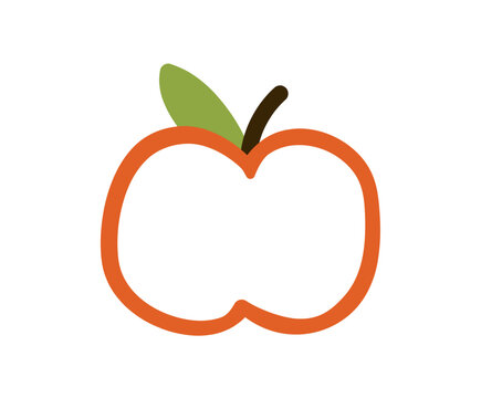 Apple fruit with hand drawn outline, simple playful doodle illustration, cute sketch style food element, fresh healthy fruit with leaf and stem, cheerful childish artwork flat vector illustration.