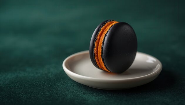 Halloween A black and orange macaron on a white plate