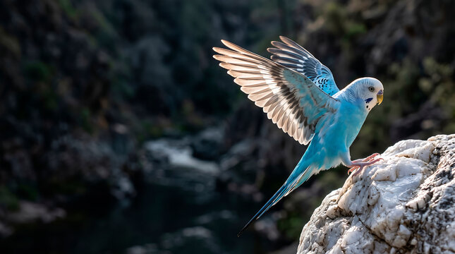 A vibrant blue budgie parakeet takes flight above a rocky canyon and reservoir landscape during a sunny day in the wild