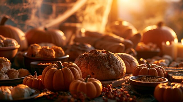 a rustic autumn scene, bathed in warm, golden light. The main subject is a collection of pumpkins, bread, and other baked goods arranged on a wooden surface. The pumpkins are a deep orange.