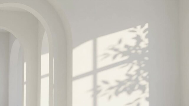 Minimalist White Interior Architecture with Arches and Soft Window Leaf Shadows on Wall with Copy Space