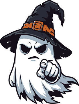 halloween cartoon ghost pointing accusingly forward with one hand