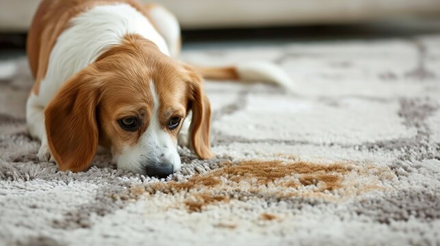 Guilty Beagle Dog Lying on Carpet Near Wet Urine Stain Looking Sad and Ashamed After Home Accident, Concept of Pet Training and Housebreaking Challenges in Living Room