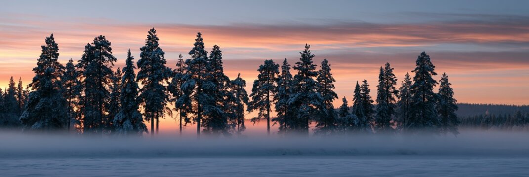 a serene winter scene at sunset. The sky transitions from deep orange to soft pink, with wispy clouds scattered across the horizon. Tall, snowcovered pine trees stand silhouetted against the sky.