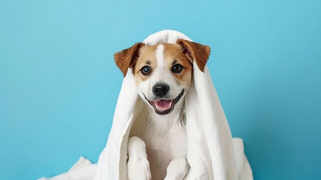 Portrait of a cute and happy dog with a white towel on its head after a bath, sitting against a bright blue background. Adorable puppy drying off, representing pet grooming, hygiene, and care.