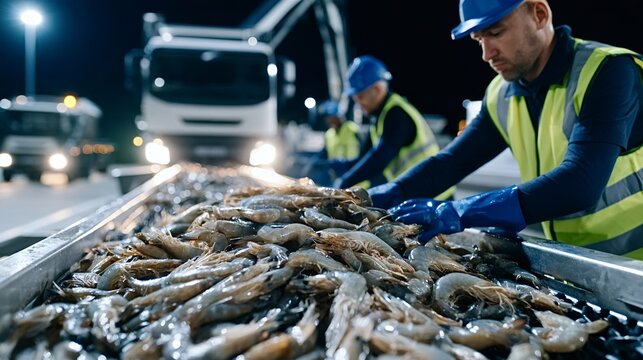 Factory workers in blue hard hats and high visibility vests manually sorting fresh raw shrimp on a conveyor belt in a seafood processing plant at night, with delivery trucks in the background