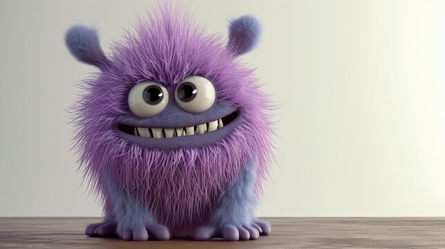 Adorable Purple Furry Monster with Big Eyes and a Toothy Smile Sitting on a Wooden Surface, Cute 3D Character Illustration for Children's Storybook and Whimsical Design Projects