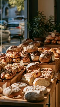 a bakery counter displays a variety of baked goods. The main subject is a collection of breads and pastries, arranged neatly on wooden trays. The breads range in shapes, sizes, and textures.