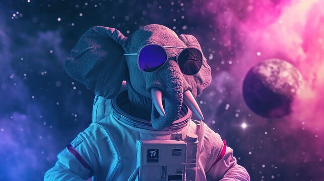 Portrait of a cool cute elephant astronaut wearing a professional space suit and stylish sunglasses against a vibrant galactic nebula background with stars and planets in deep outer space.