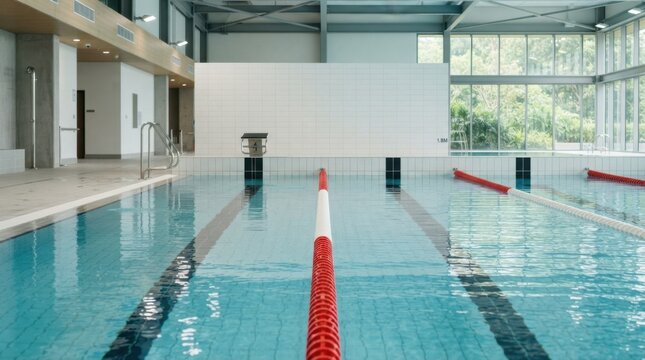 Indoor Swimming Pool Lanes: Clear blue water fills the pristine lanes of an indoor swimming pool, with sunlight streaming through large windows, creating a serene and inviting atmosphere for swimmers.