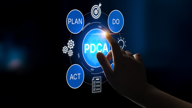 Conceptual image illustrating PDCA cycle with a hand touching a glowing blue sphere, representing continuous improvement and business strategy visualization. Bitwise.