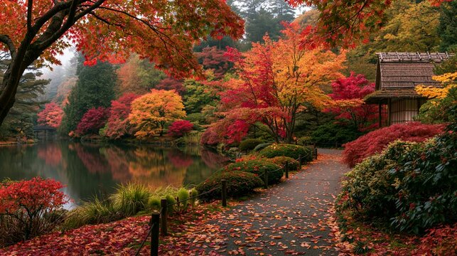 a serene autumnal landscape. A tranquil pond reflects the surrounding trees and foliage, creating a mirrorlike effect. The scene is bathed in the warm hues of red, orange, yellow, and green foliage.