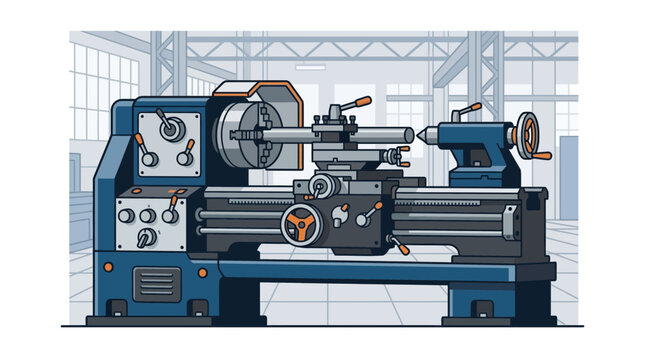 Industrial metal lathe machine in a manufacturing factory workshop vector illustration