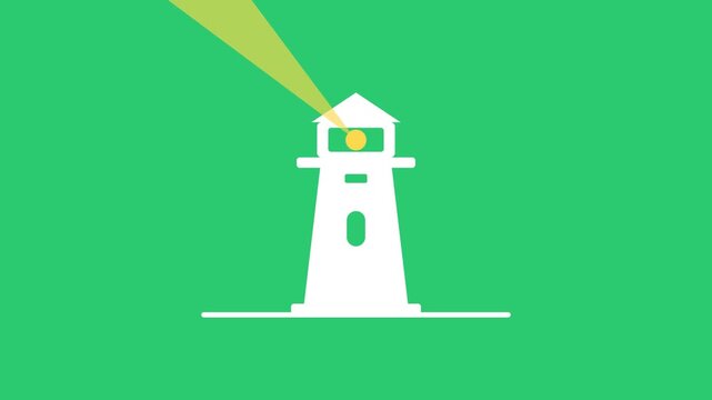 White lighthouse icon with a yellow light beam on a green background.
A simple flat vector icon of a lighthouse featuring a white structure and a bright yellow light beam shining outwards.

