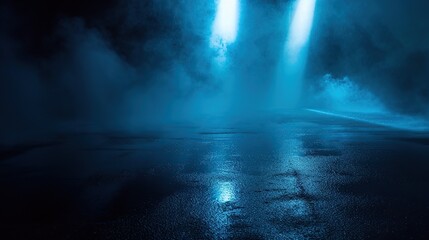 Dark empty scene at night with blue neon spotlights shining through thick smoke and fog onto a wet asphalt ground surface, creating a cinematic and moody atmospheric background for concepts.