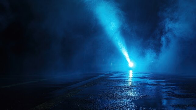 Cinematic Dark Background with a Powerful Blue Neon Searchlight Beaming Through Thick Smoke and Mist Over a Reflective Wet Asphalt Road at Night, Creating a Mysterious Cyberpunk Atmosphere.